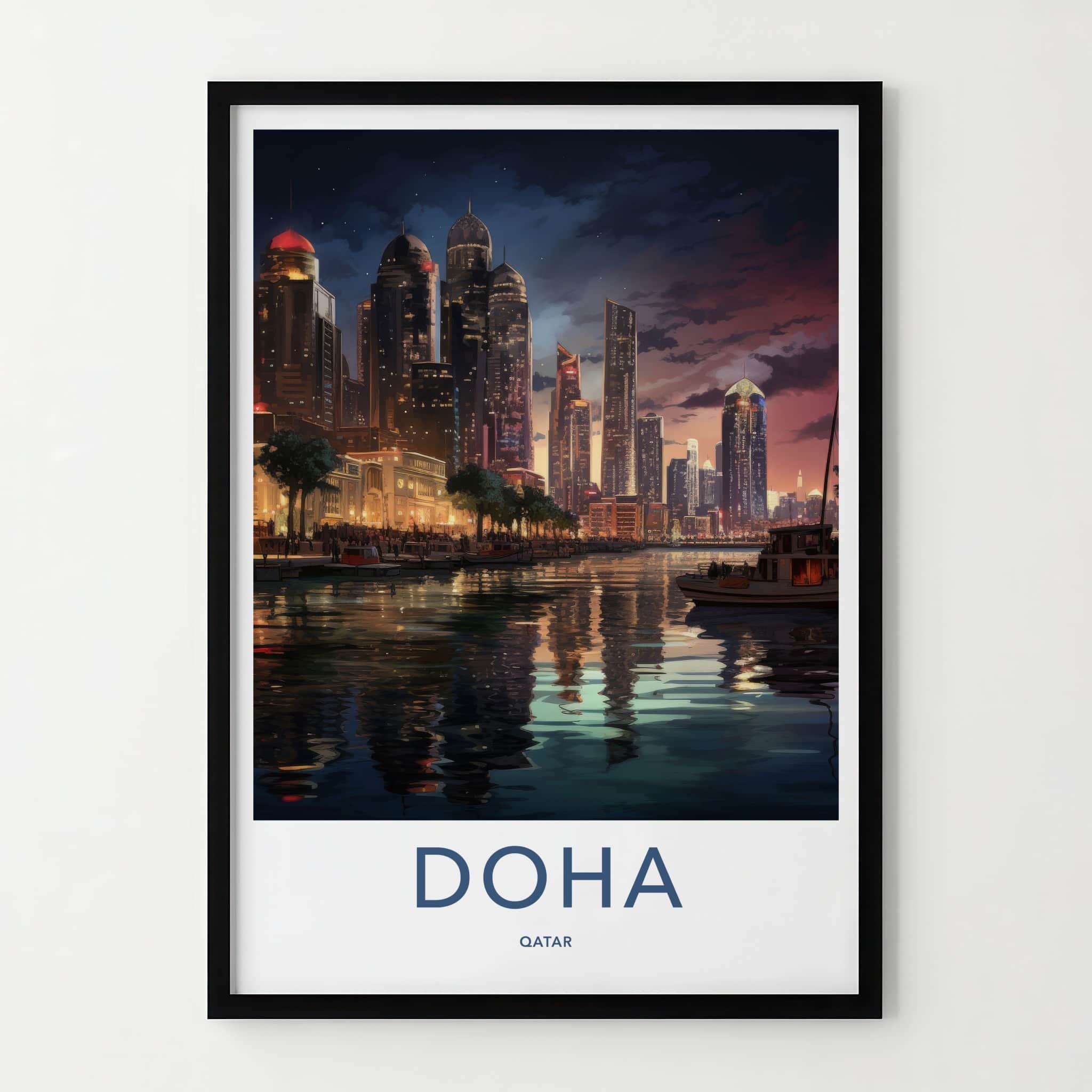 Doha Poster - Qatar Framed Print - Dusk City Marina Gallery Art