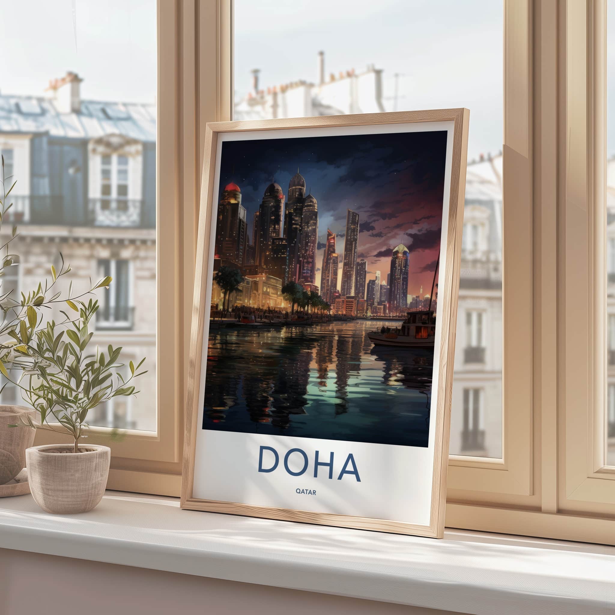 Doha Poster - Qatar Framed Print - Dusk City Marina Gallery Art
