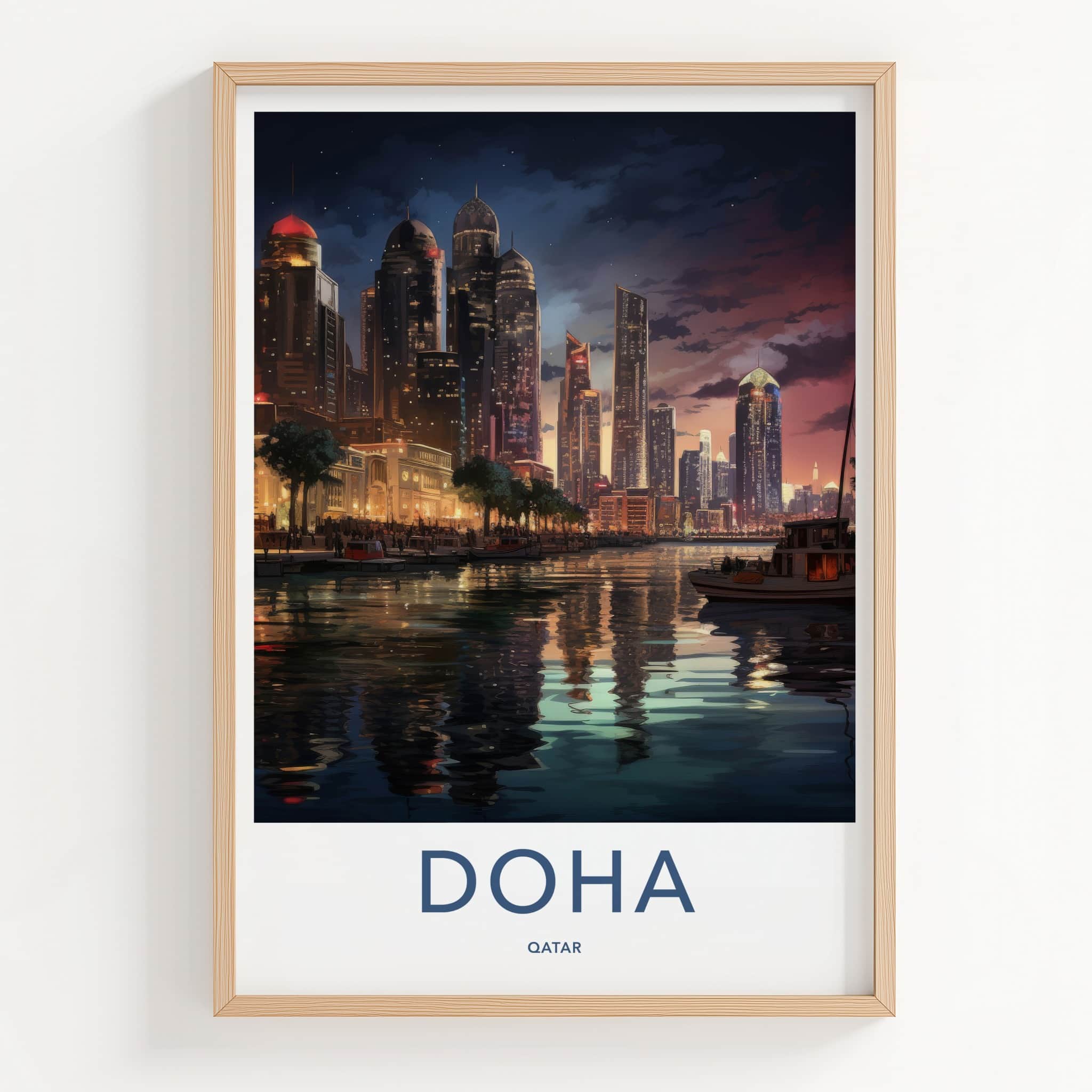 Doha Poster - Qatar Framed Print - Dusk City Marina Gallery Art