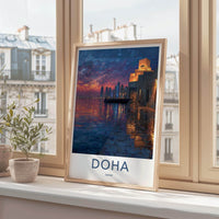 Doha Poster - Qatar Travel Art - Dusk Waterfront Skyline Home Decor