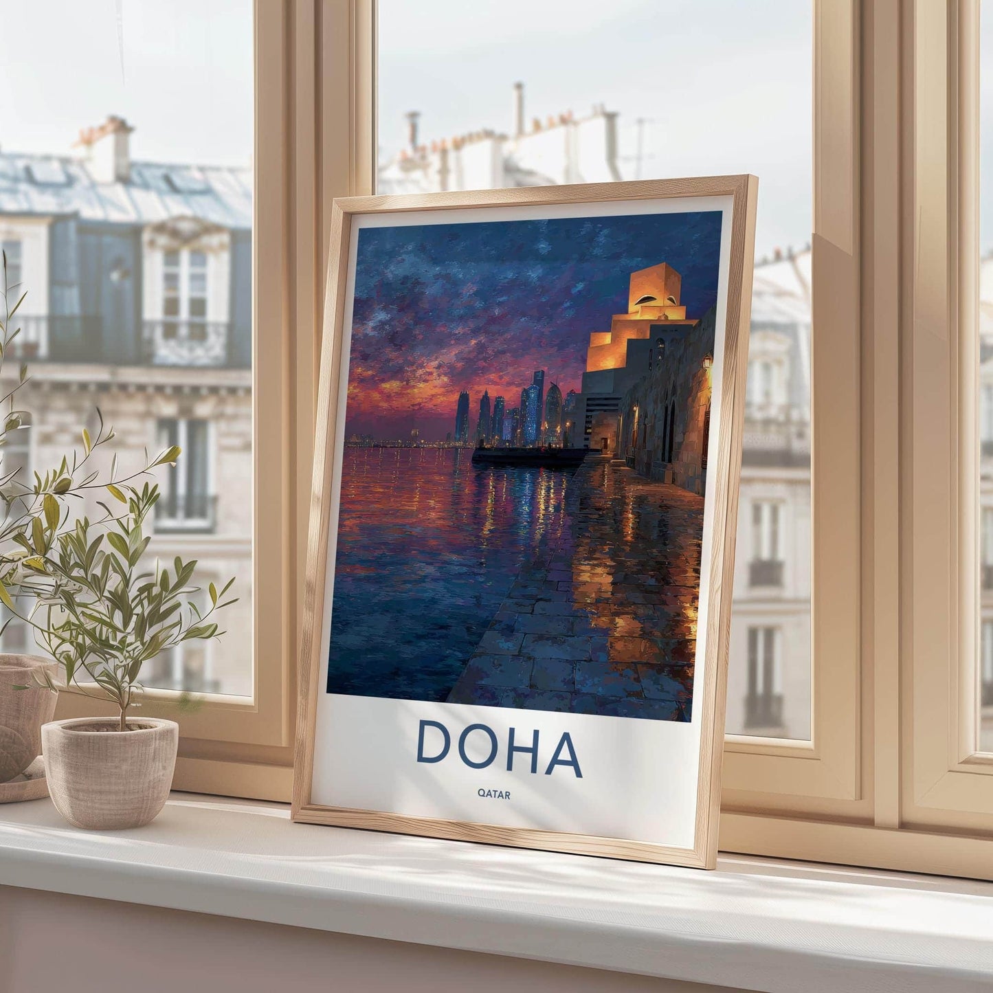 Doha Poster - Qatar Travel Art - Dusk Waterfront Skyline Home Decor