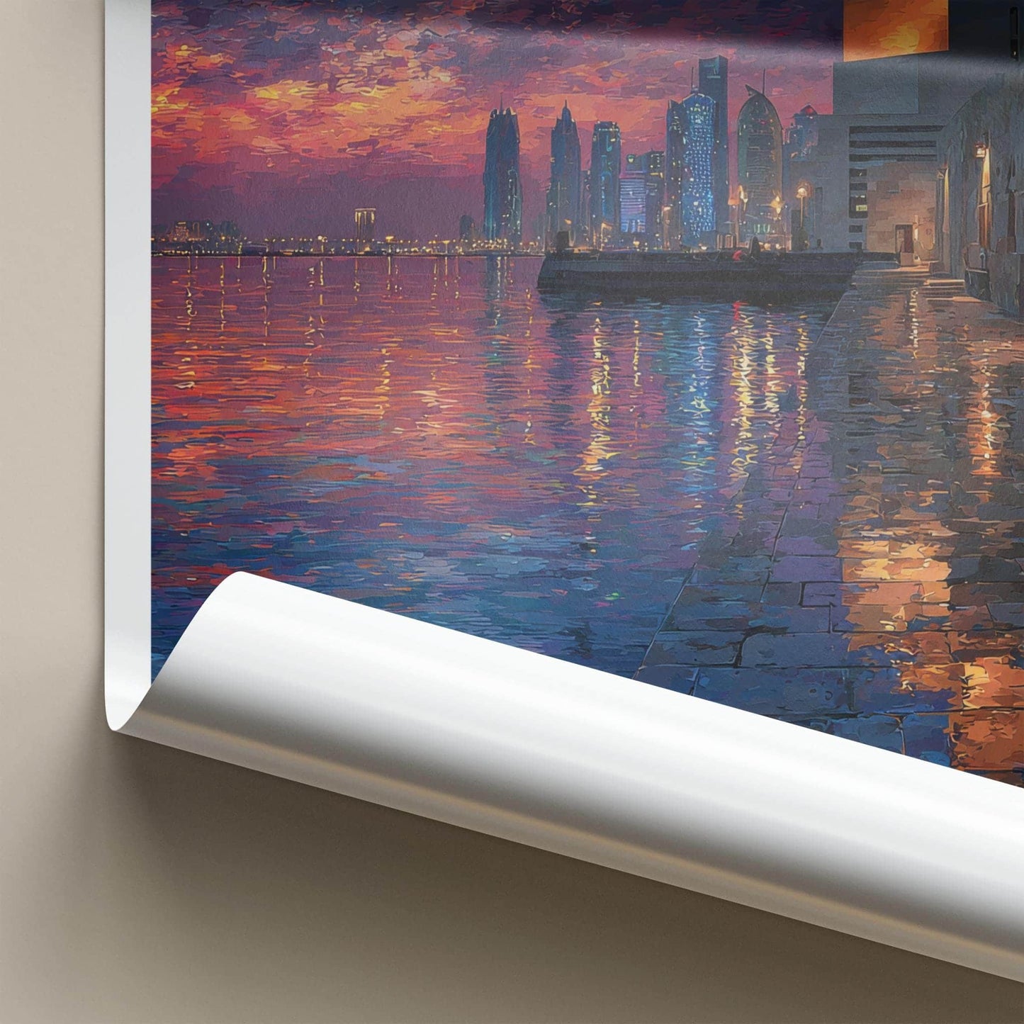 Doha Poster - Qatar Travel Art - Dusk Waterfront Skyline Home Decor