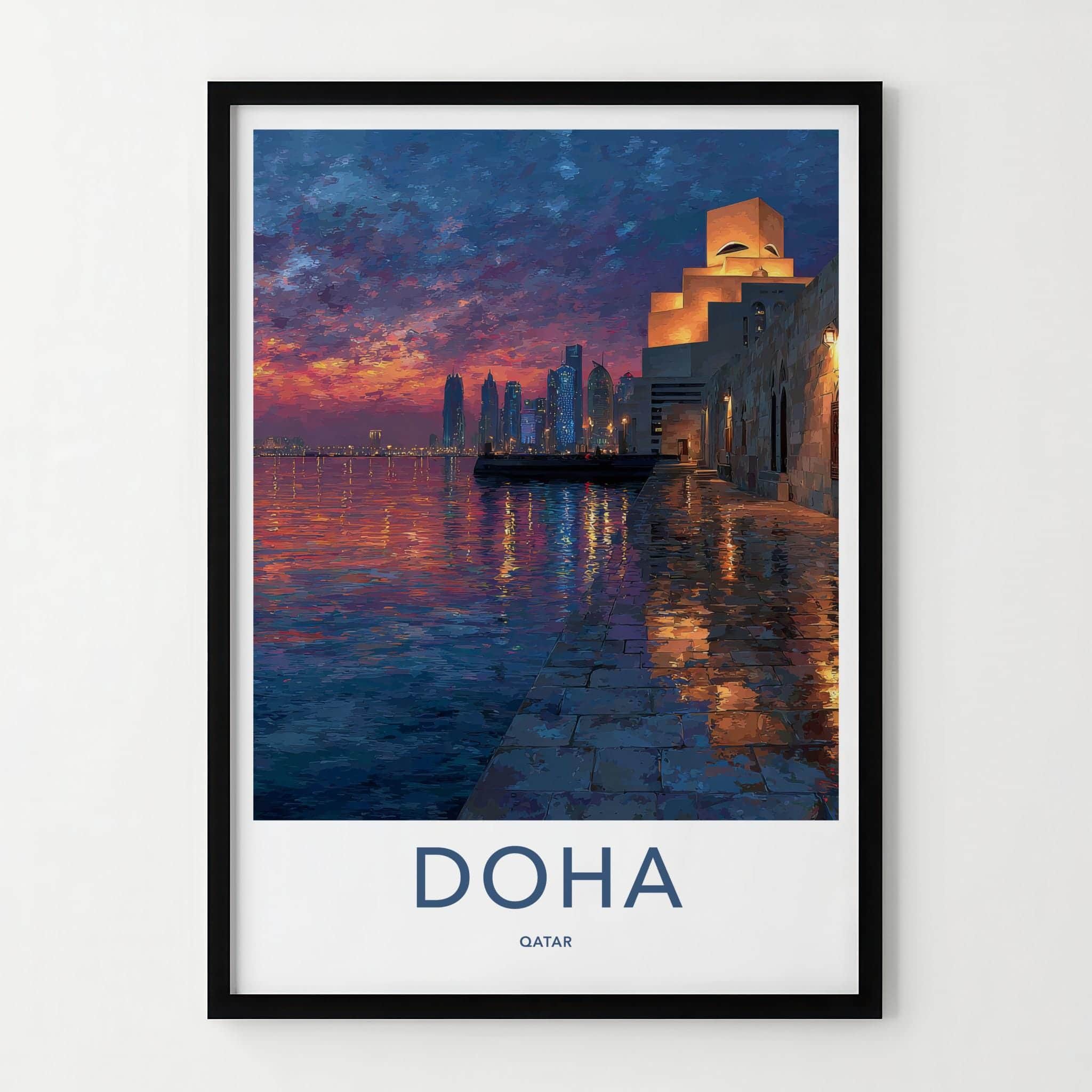 Doha Poster - Qatar Travel Art - Dusk Waterfront Skyline Home Decor