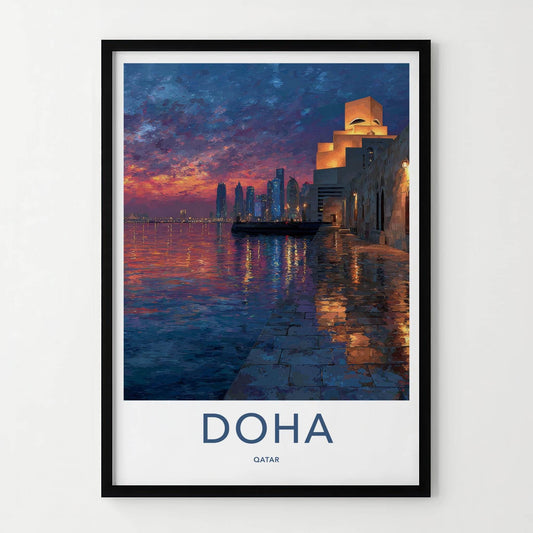 Doha Poster - Qatar Travel Art - Dusk Waterfront Skyline Home Decor