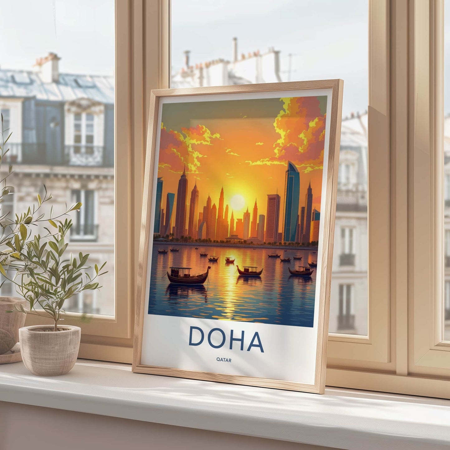 Doha Poster - Qatar Travel Art - Golden Sunset City Home Decor