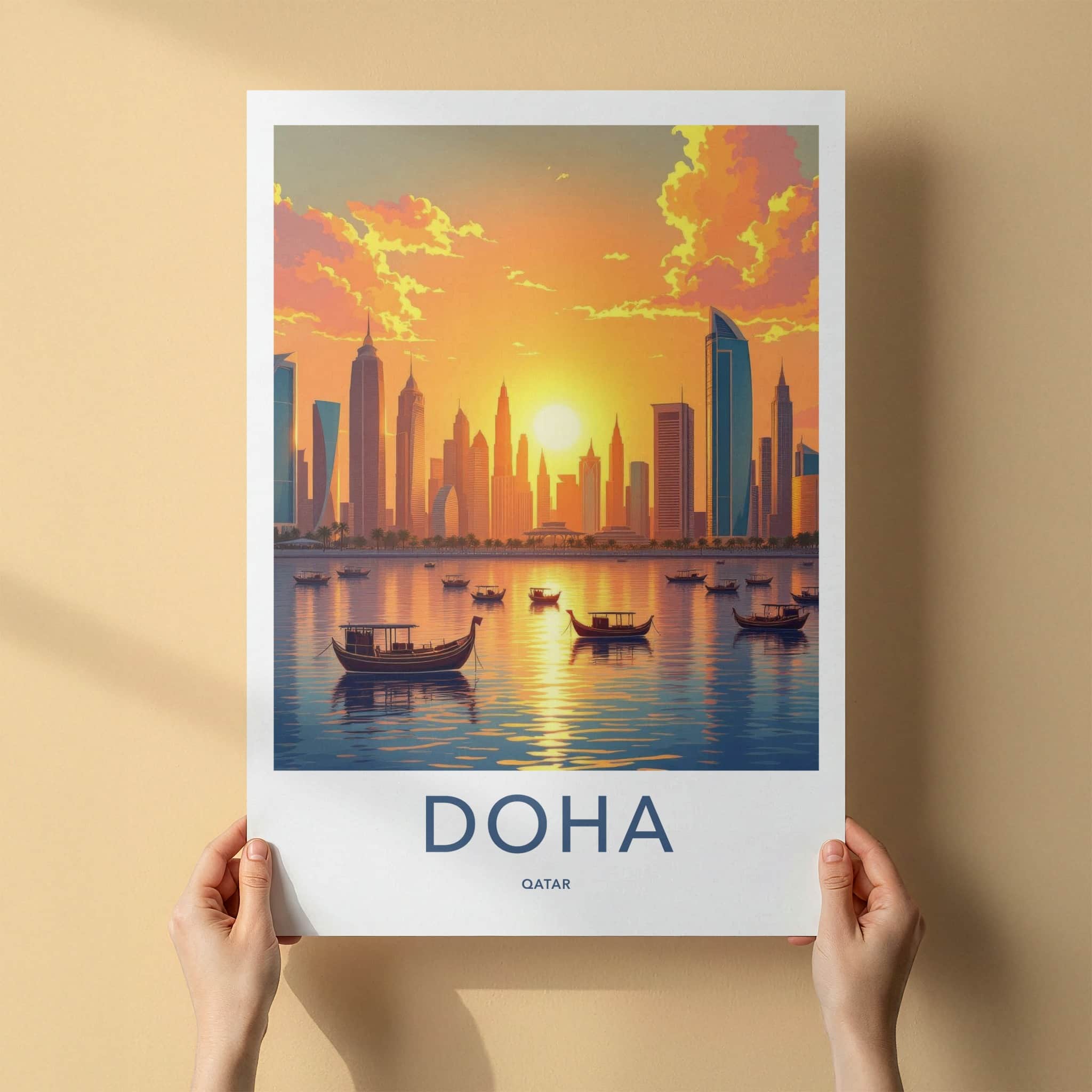 Doha Poster - Qatar Travel Art - Golden Sunset City Home Decor