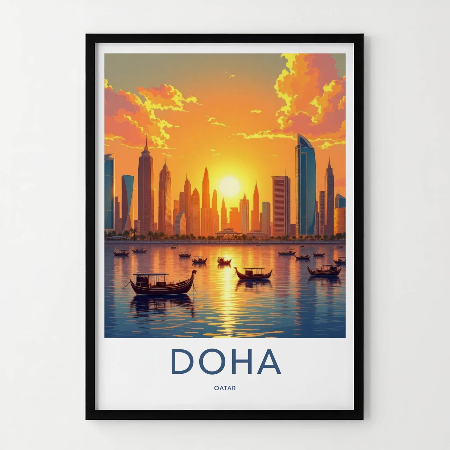 Doha Poster - Qatar Travel Art - Golden Sunset City Home Decor