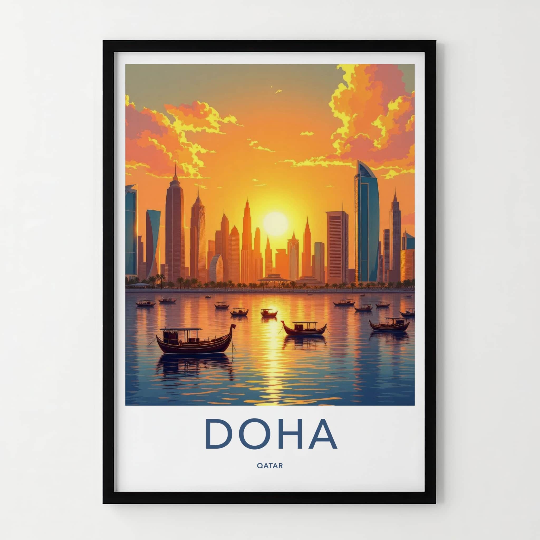 Doha Poster - Qatar Travel Art - Golden Sunset City Home Decor