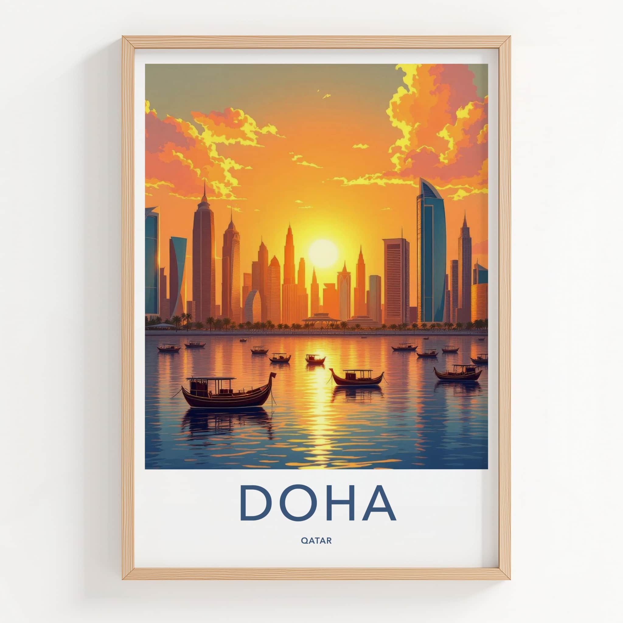Doha Poster - Qatar Travel Art - Golden Sunset City Home Decor