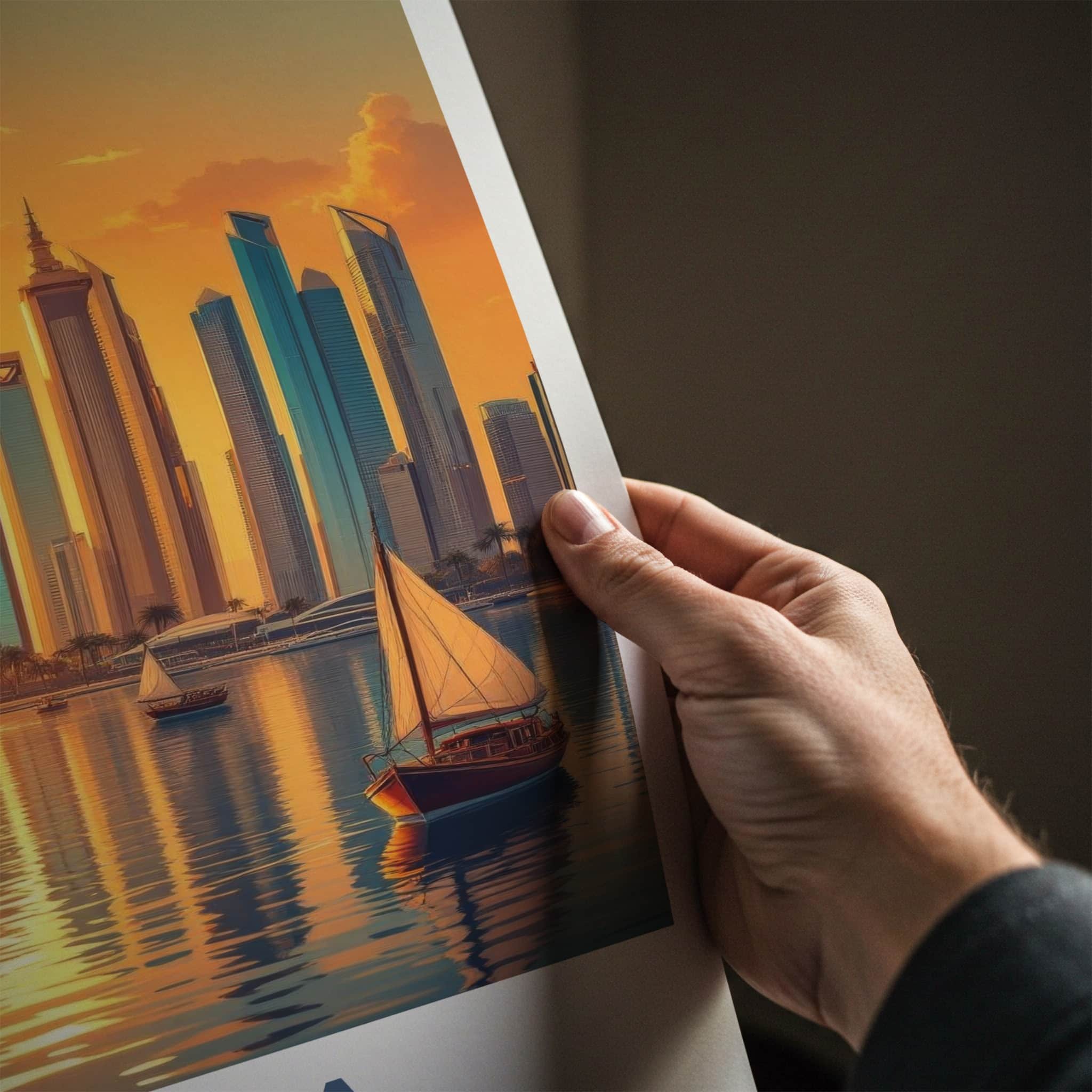 Doha Poster - Qatar Travel Art - Harbor Cityscape Glow Home Decor