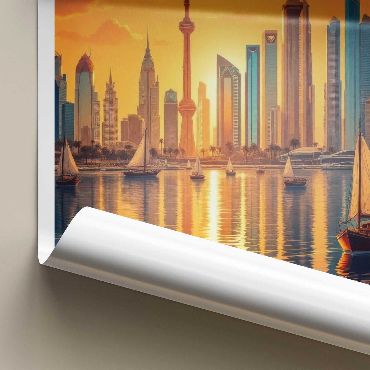 Doha Poster - Qatar Travel Art - Harbor Cityscape Glow Home Decor