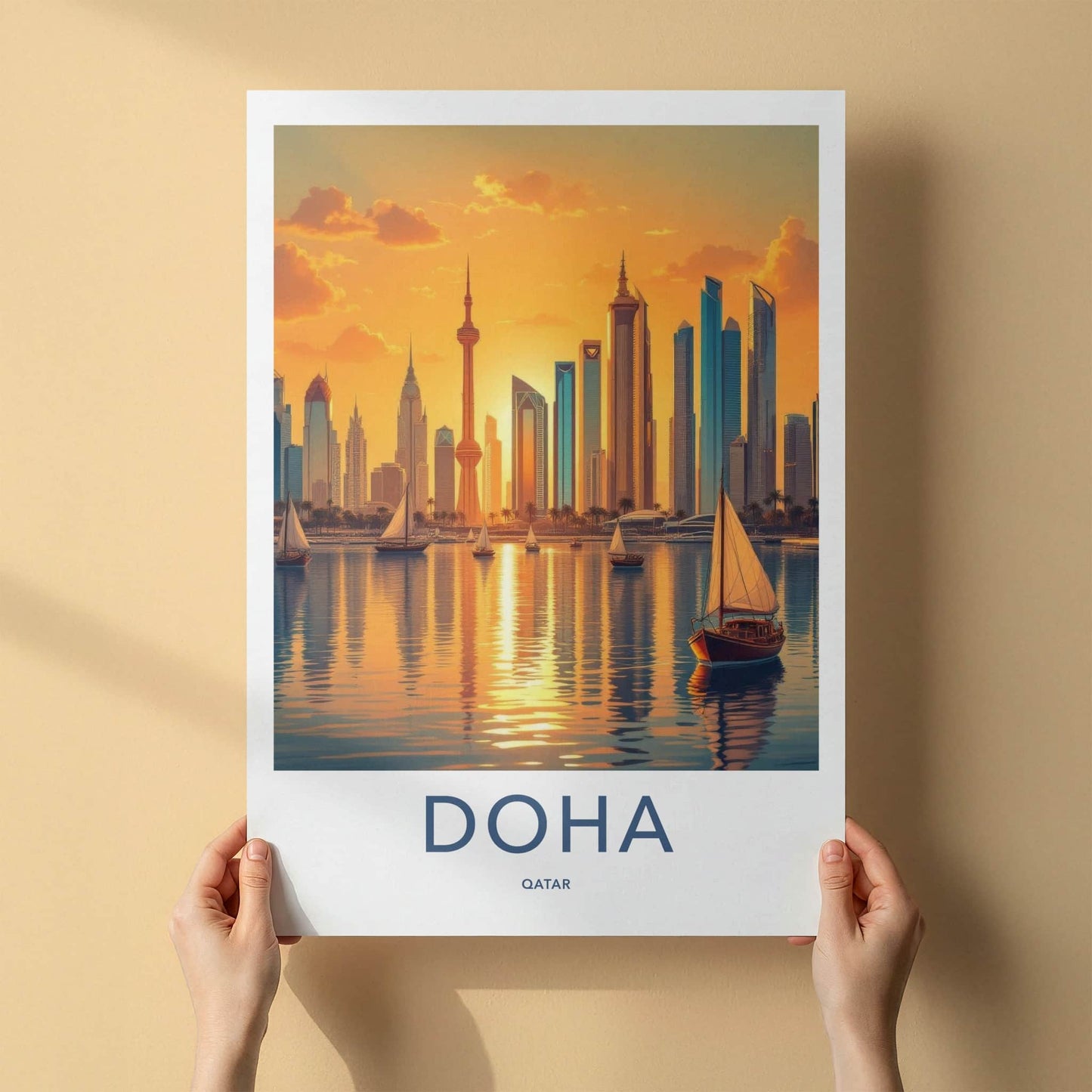 Doha Poster - Qatar Travel Art - Harbor Cityscape Glow Home Decor