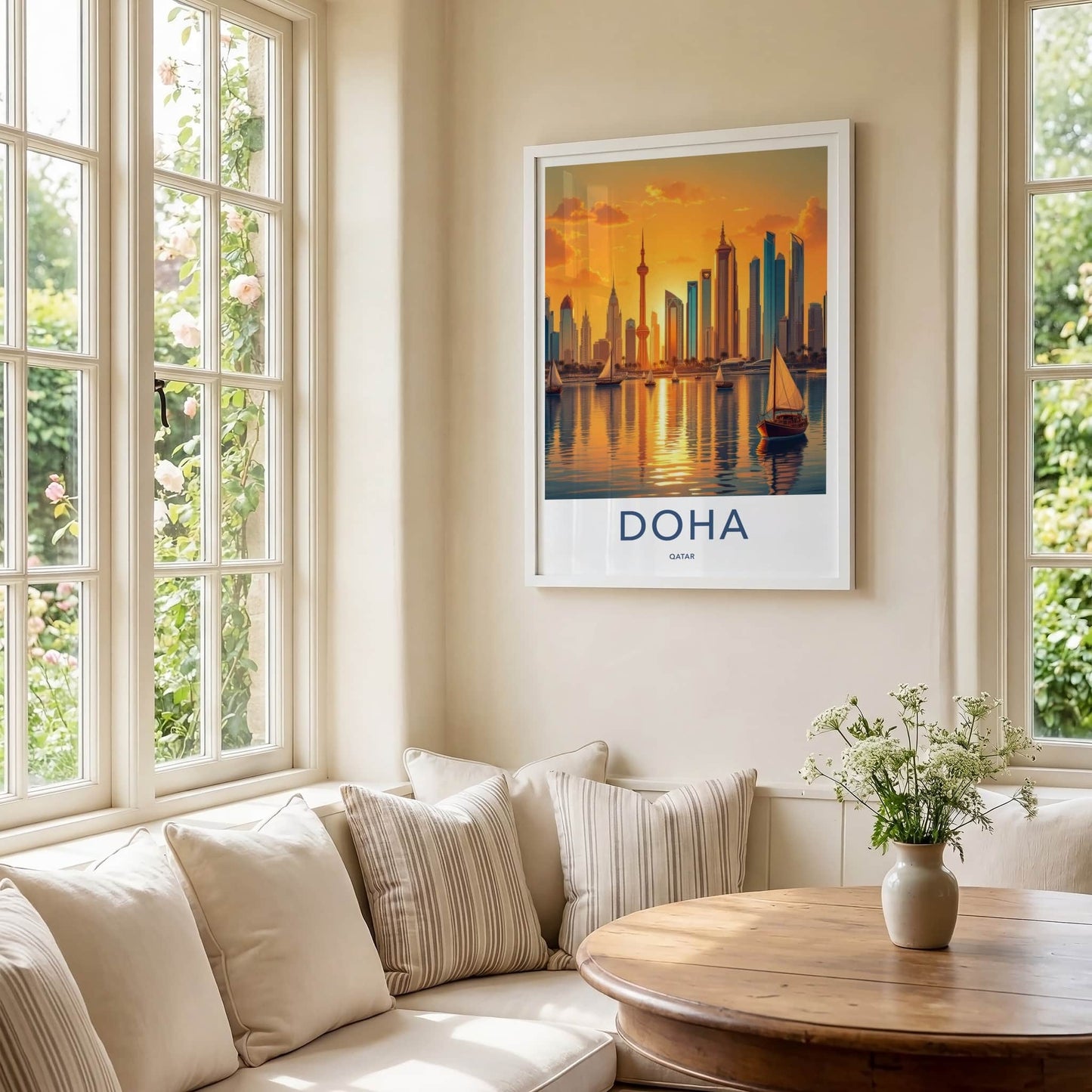 Doha Poster - Qatar Travel Art - Harbor Cityscape Glow Home Decor