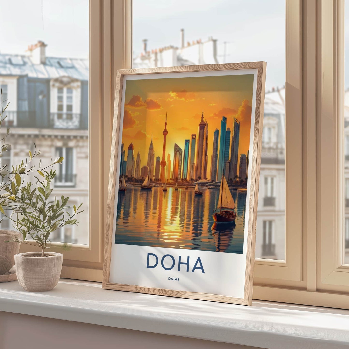 Doha Poster - Qatar Travel Art - Harbor Cityscape Glow Home Decor