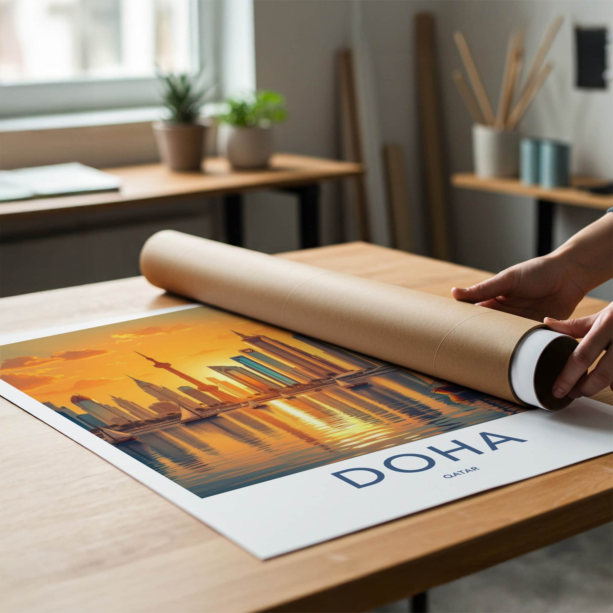 Doha Poster - Qatar Travel Art - Harbor Cityscape Glow Home Decor