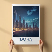 Doha Poster - Qatar Travel Art - Modern Skyline Reflection Home Decor