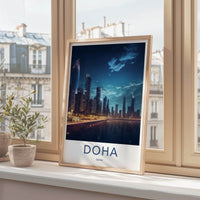 Doha Poster - Qatar Travel Art - Modern Skyline Reflection Home Decor