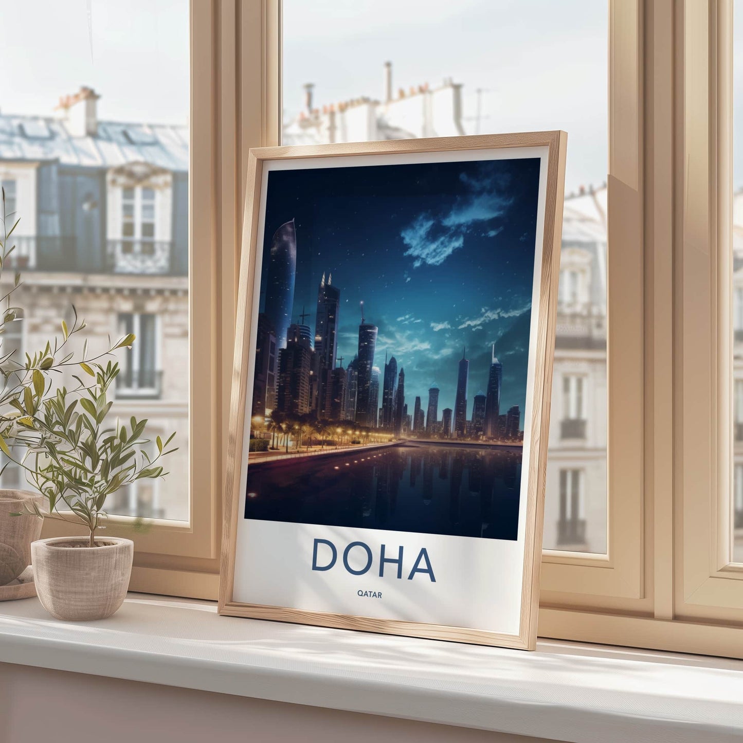 Doha Poster - Qatar Travel Art - Modern Skyline Reflection Home Decor