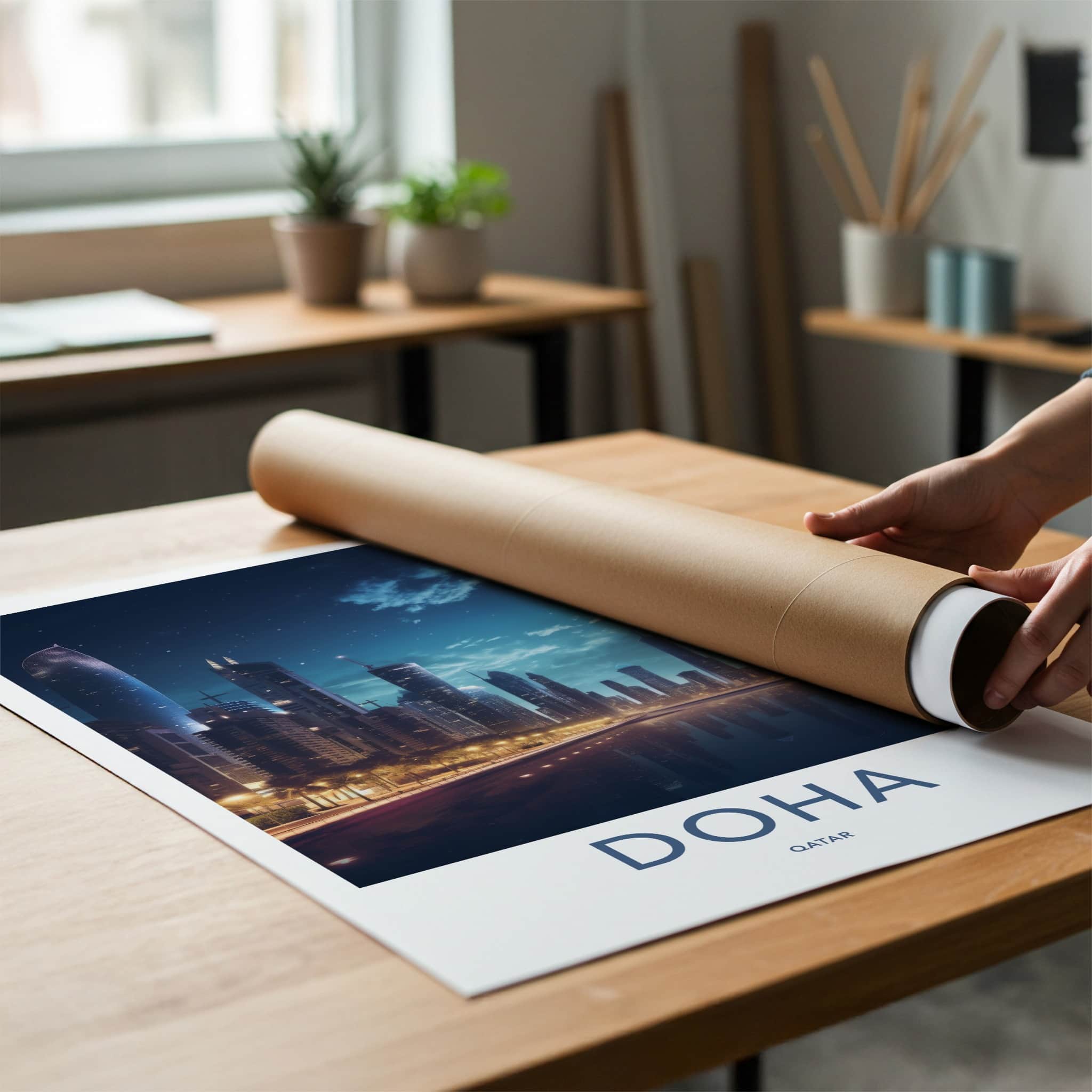 Doha Poster - Qatar Travel Art - Modern Skyline Reflection Home Decor