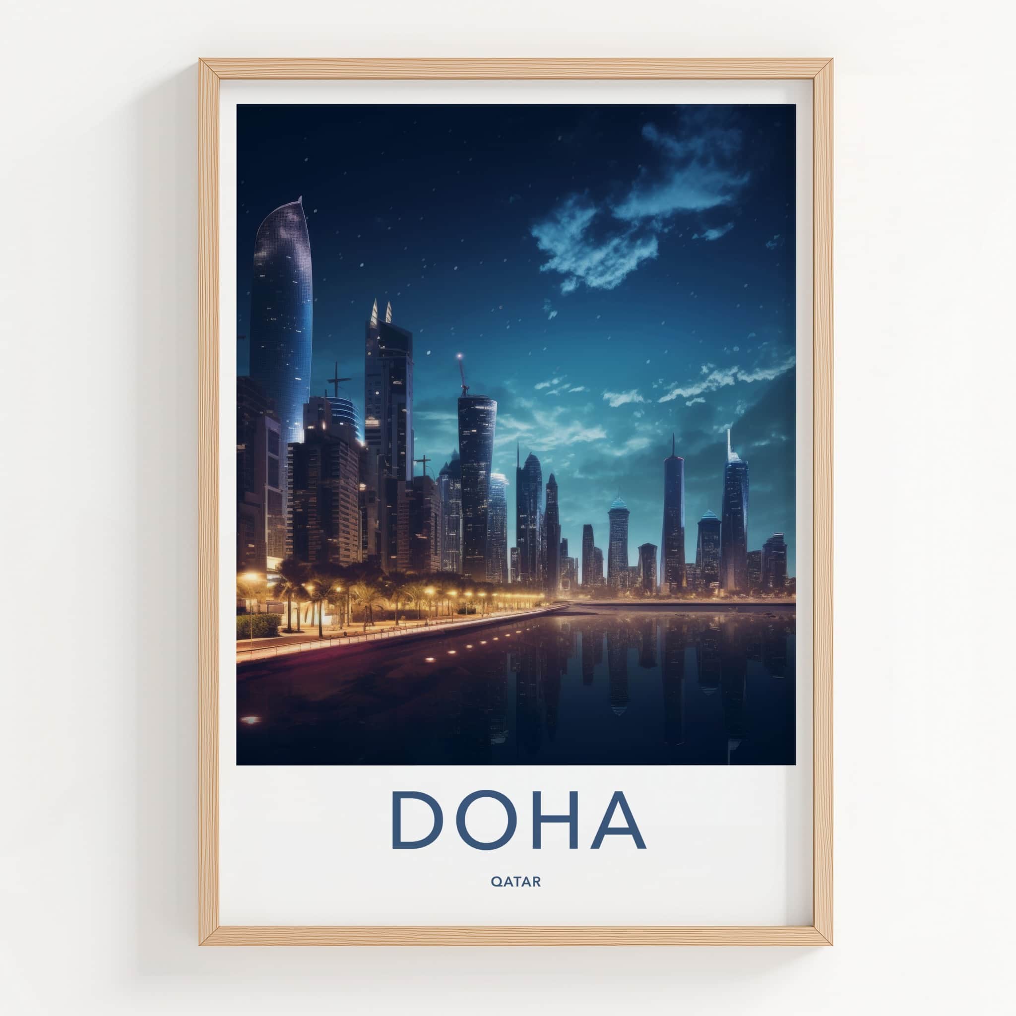 Doha Poster - Qatar Travel Art - Modern Skyline Reflection Home Decor