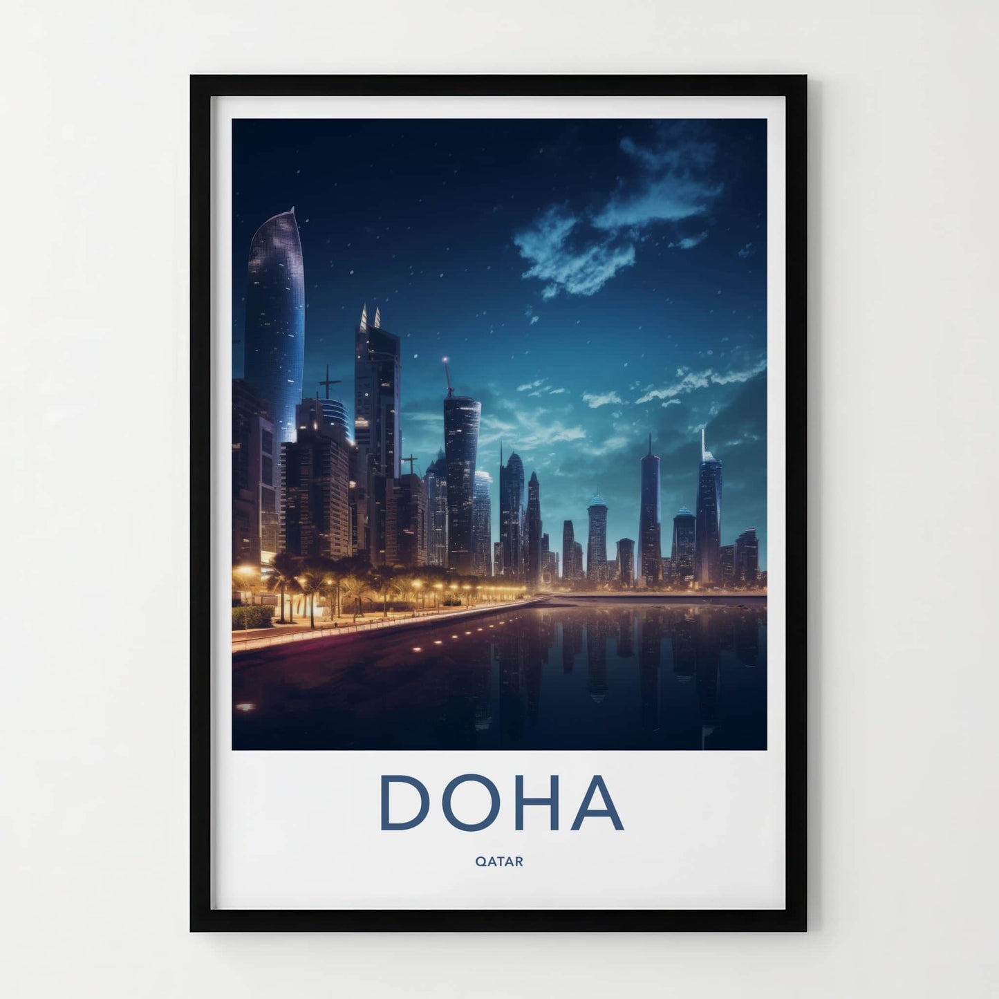 Doha Poster - Qatar Travel Art - Modern Skyline Reflection Home Decor