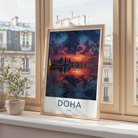 Doha Poster - Qatar Travel Art - Vibrant Skyline Reflection Home Decor