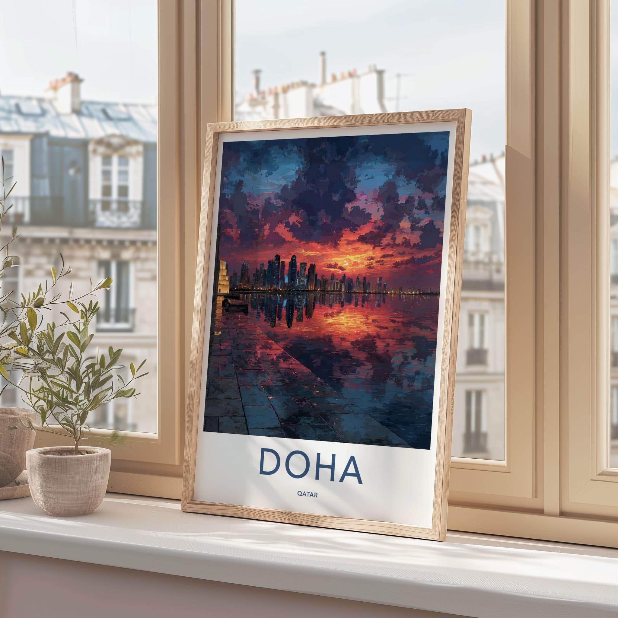 Doha Poster - Qatar Travel Art - Vibrant Skyline Reflection Home Decor