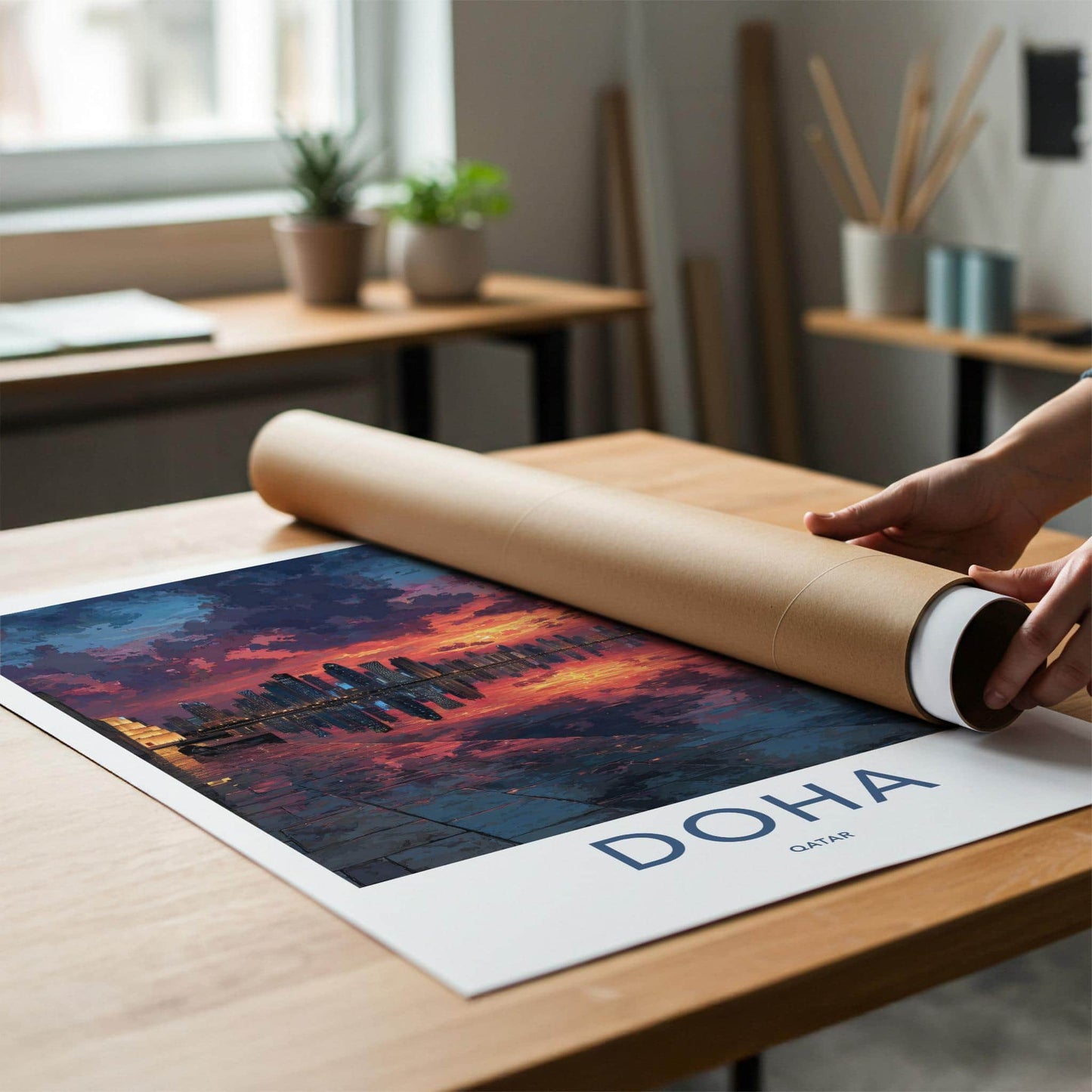 Doha Poster - Qatar Travel Art - Vibrant Skyline Reflection Home Decor