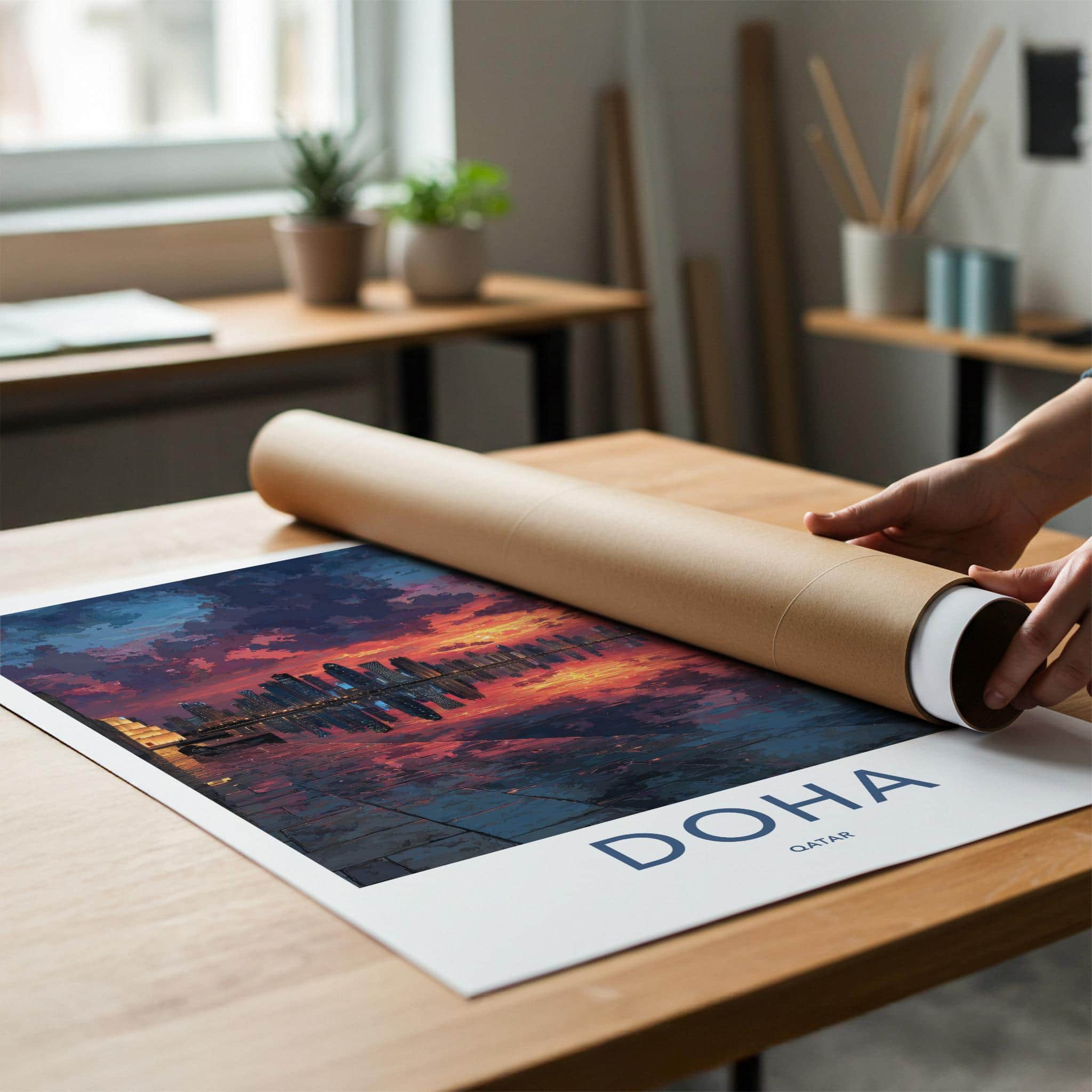 Doha Poster - Qatar Travel Art - Vibrant Skyline Reflection Home Decor