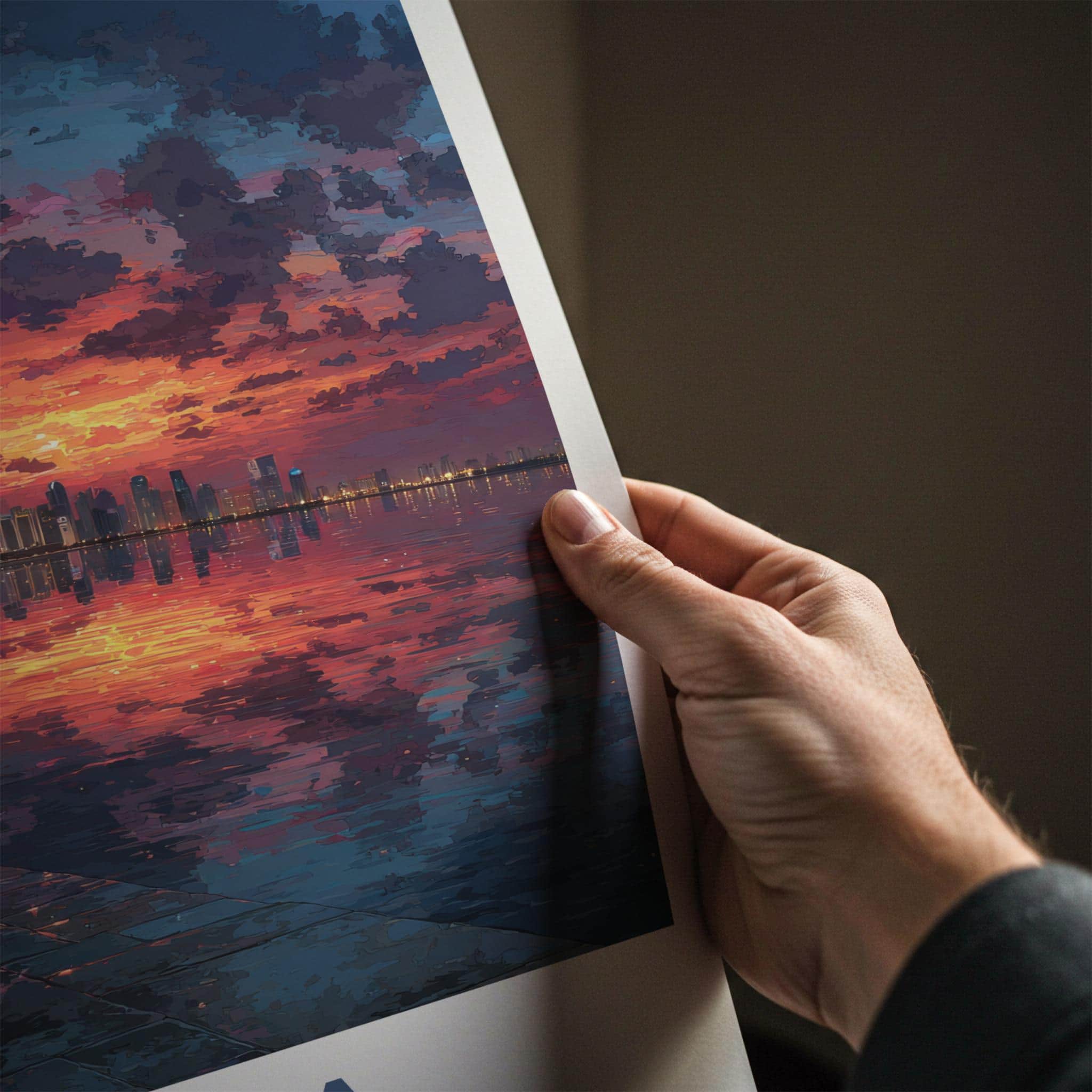 Doha Poster - Qatar Travel Art - Vibrant Skyline Reflection Home Decor