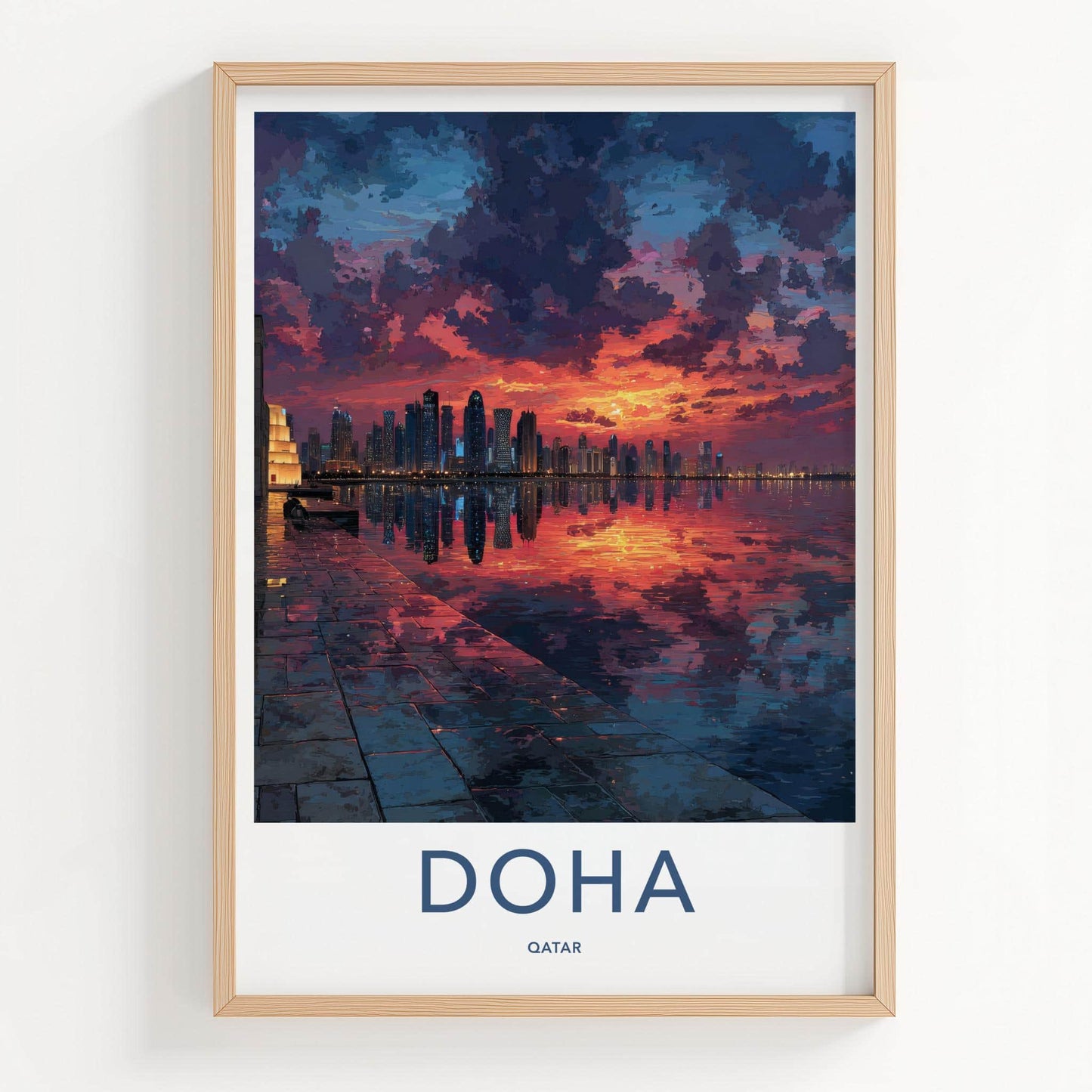 Doha Poster - Qatar Travel Art - Vibrant Skyline Reflection Home Decor