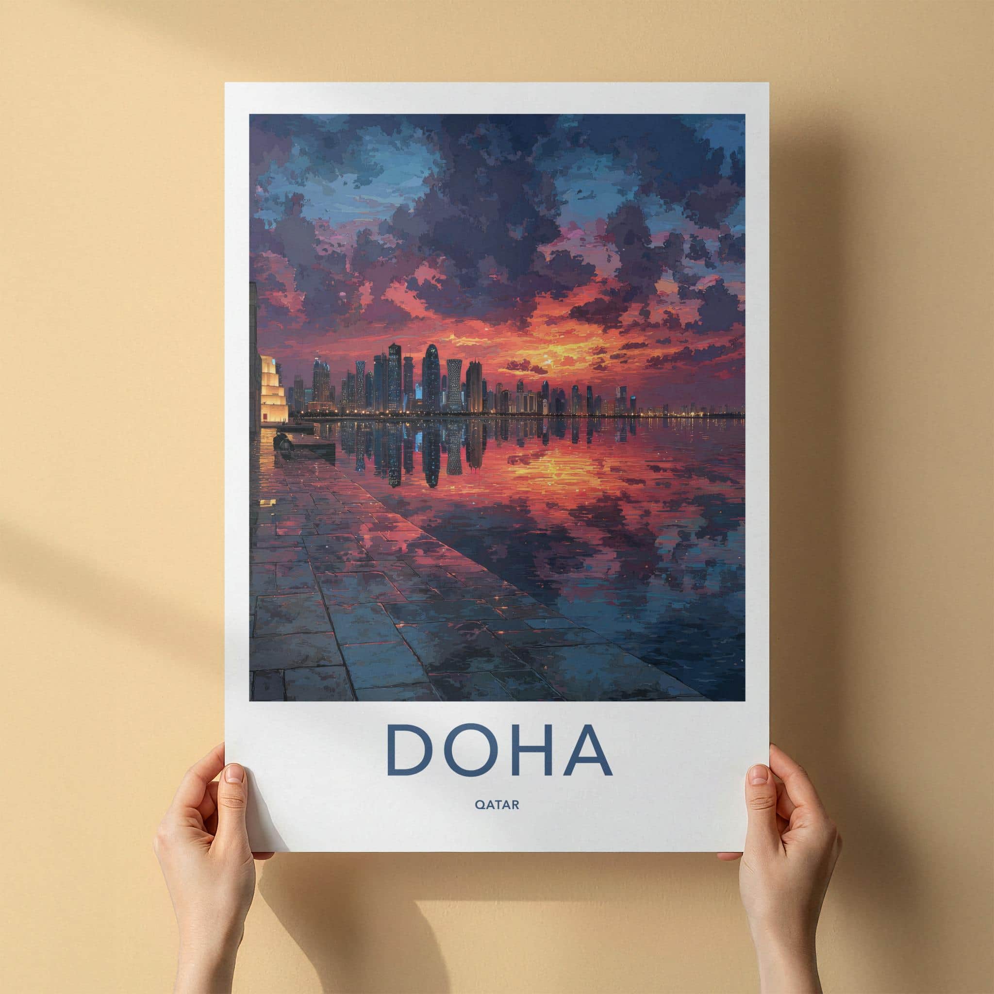 Doha Poster - Qatar Travel Art - Vibrant Skyline Reflection Home Decor