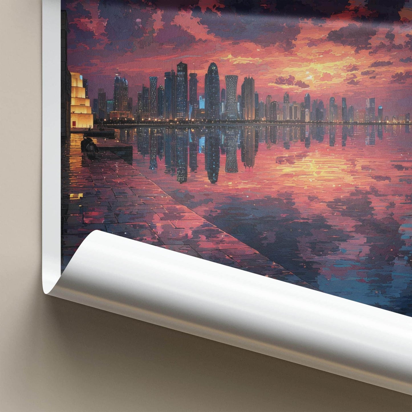 Doha Poster - Qatar Travel Art - Vibrant Skyline Reflection Home Decor
