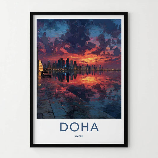 Doha Poster - Qatar Travel Art - Vibrant Skyline Reflection Home Decor