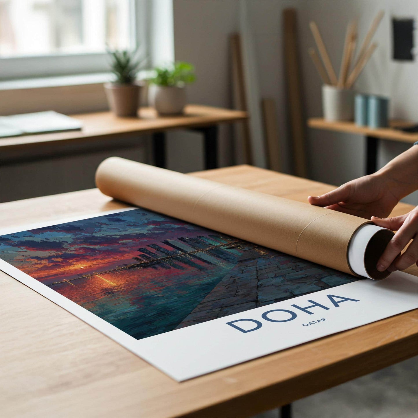 Doha Poster - Qatar Travel Art - Vibrant Waterfront Sunset Home Decor