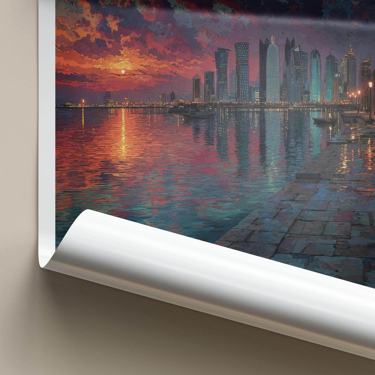 Doha Poster - Qatar Travel Art - Vibrant Waterfront Sunset Home Decor