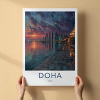 Doha Poster - Qatar Travel Art - Vibrant Waterfront Sunset Home Decor