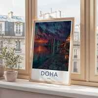 Doha Poster - Qatar Travel Art - Vibrant Waterfront Sunset Home Decor