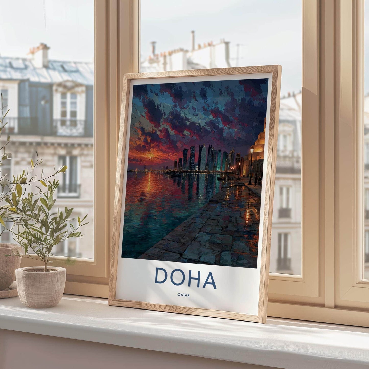 Doha Poster - Qatar Travel Art - Vibrant Waterfront Sunset Home Decor