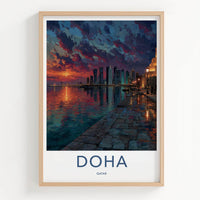 Doha Poster - Qatar Travel Art - Vibrant Waterfront Sunset Home Decor