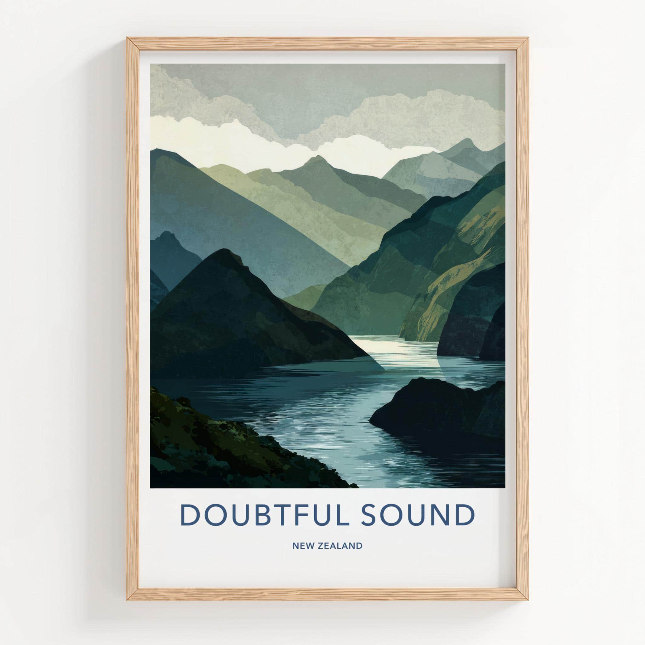 Doubtful Sound Poster - New Zealand Travel Art - Fjord Mountain Water Home Decor