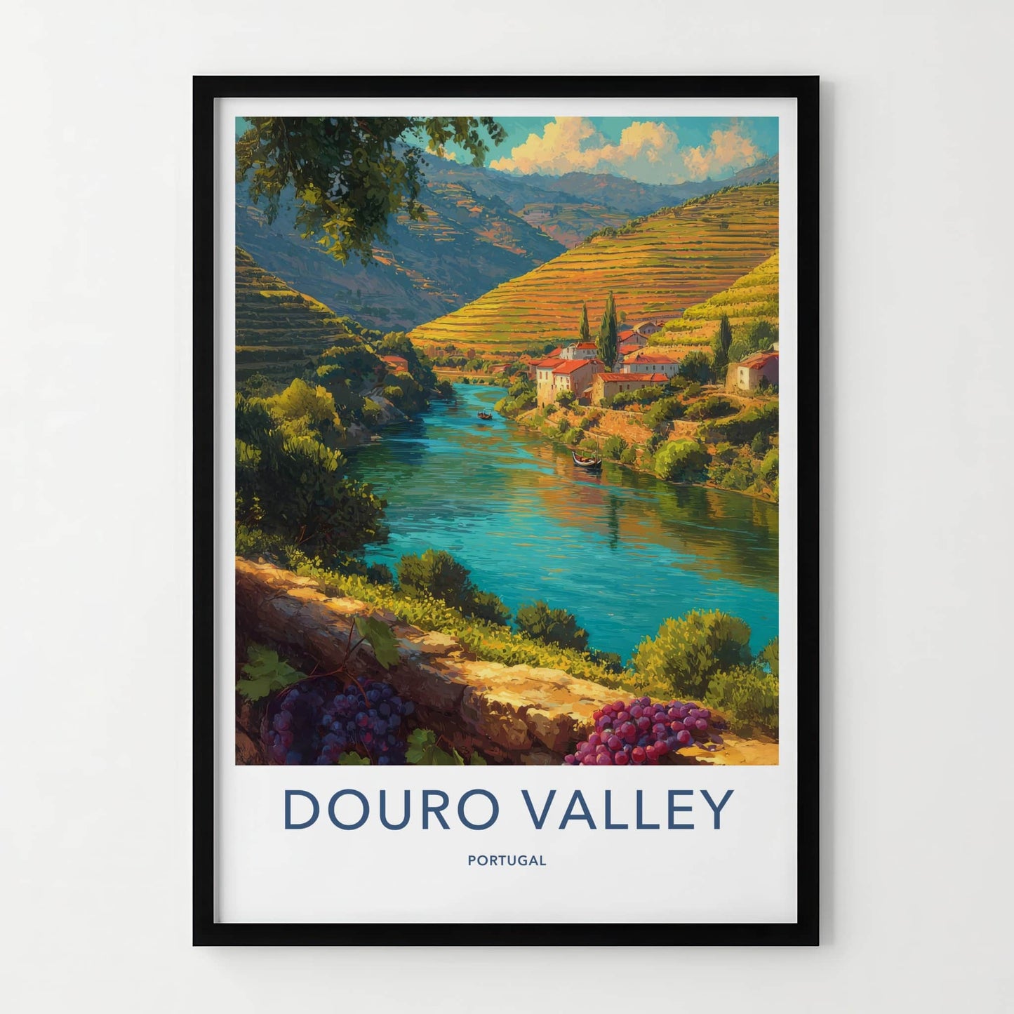 Douro Valley Poster Portugal River Boats Grapes Framed Art