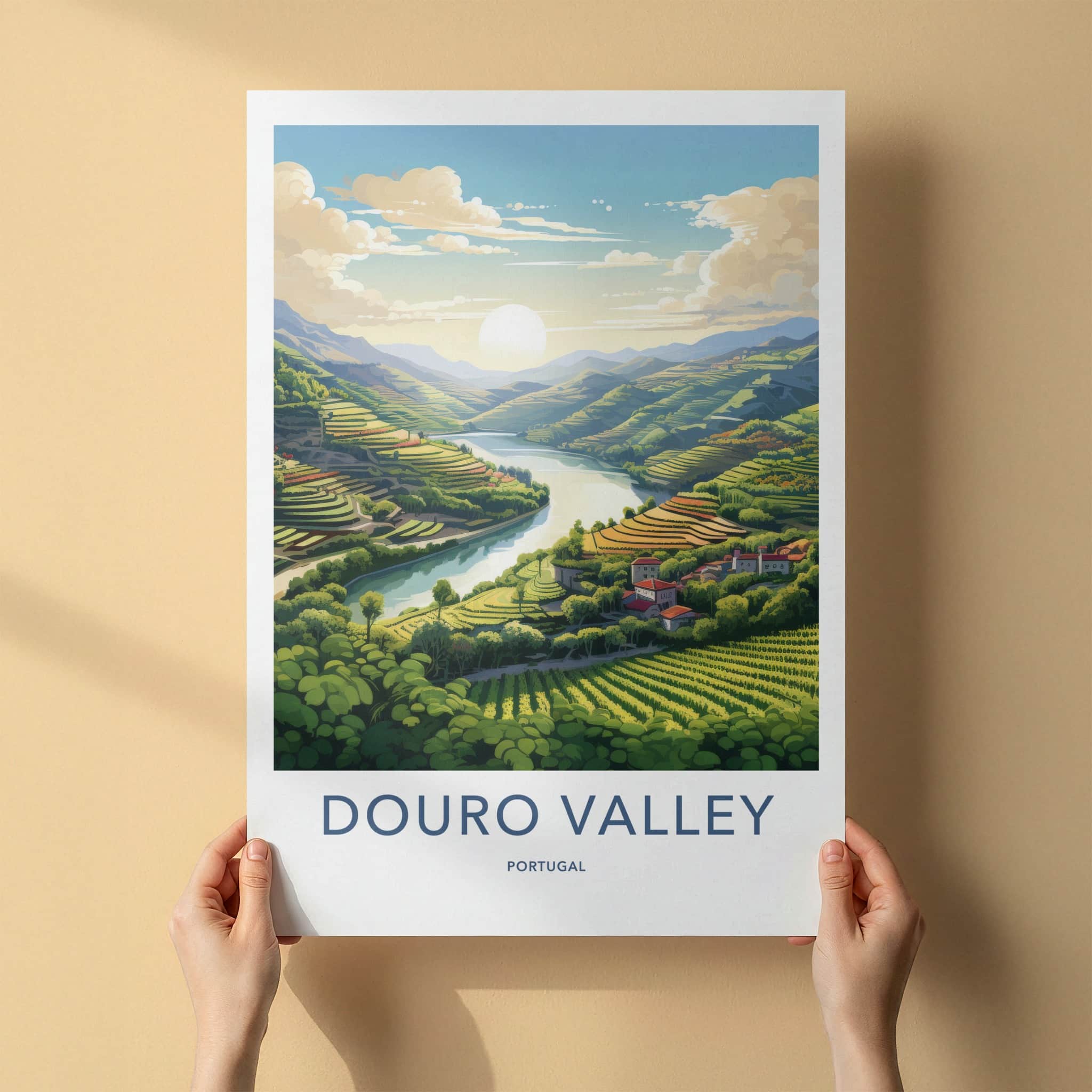 Douro Valley Poster - Portugal Travel Art - Green Terraced Vineyards Home Decor