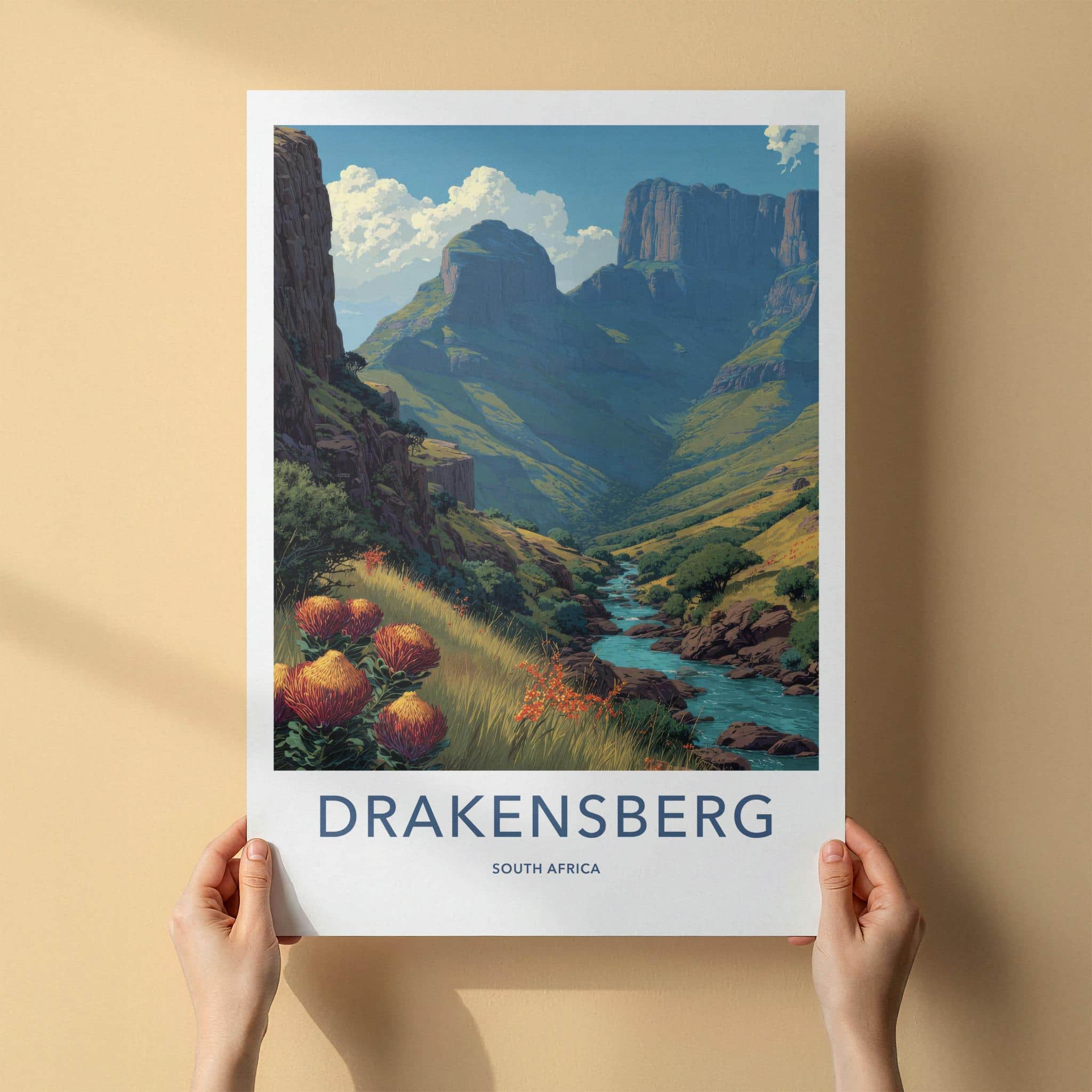 Drakensberg Poster - South Africa Travel Art - Towering Peaks River Wall Decor