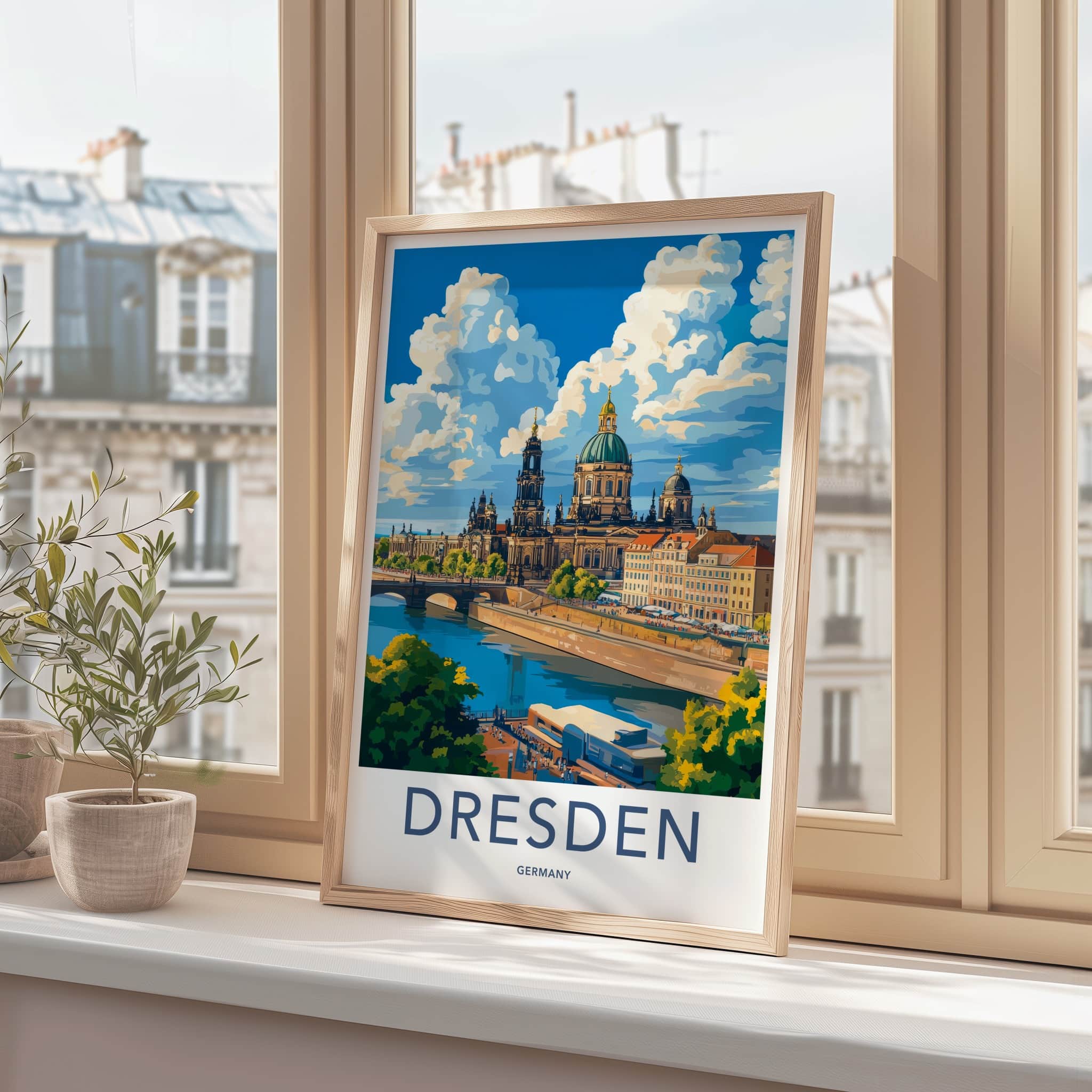 Dresden Poster - Germany Travel Art - Riverfront Cathedral Sky Home Decor