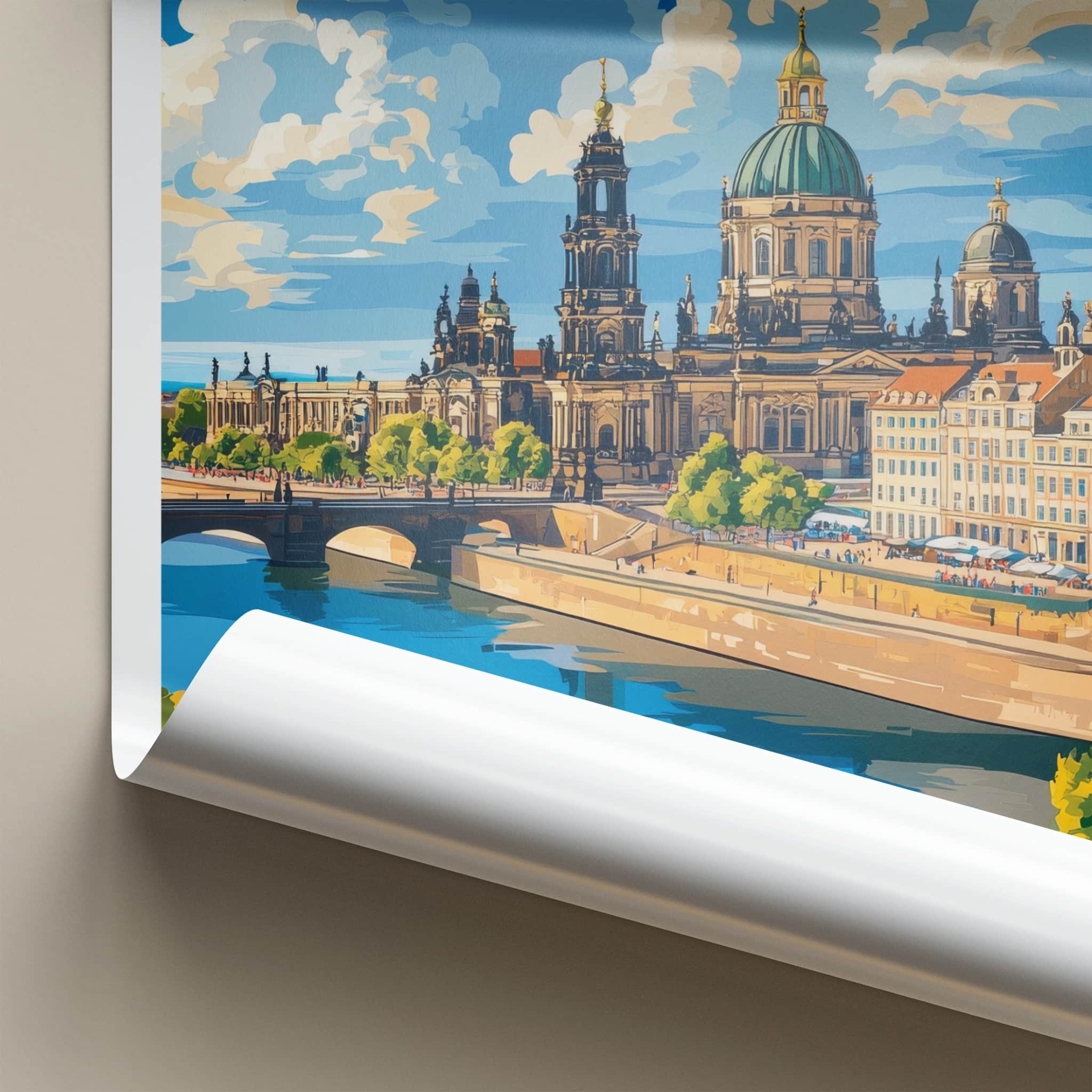 Dresden Poster - Germany Travel Art - Riverfront Cathedral Sky Home Decor