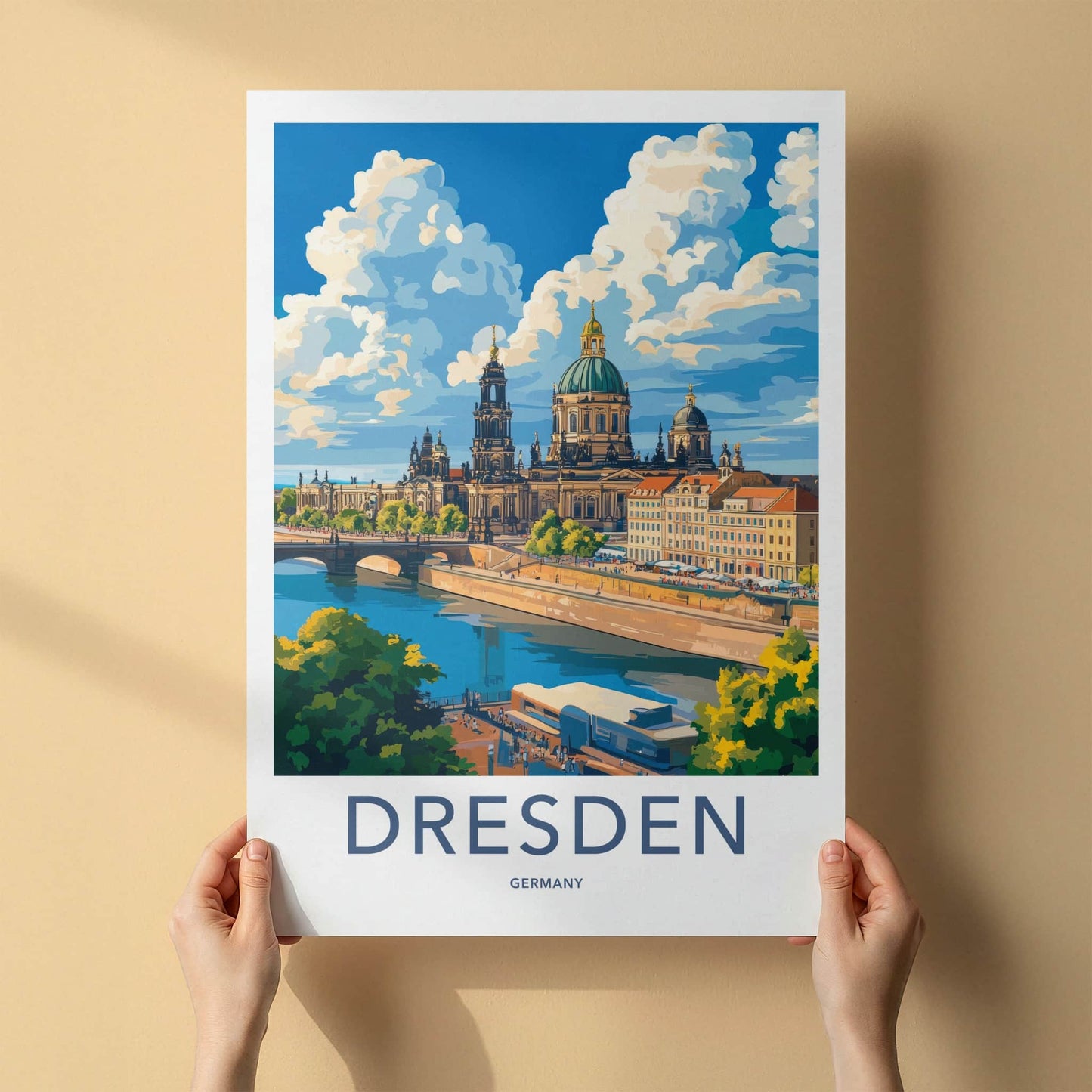 Dresden Poster - Germany Travel Art - Riverfront Cathedral Sky Home Decor