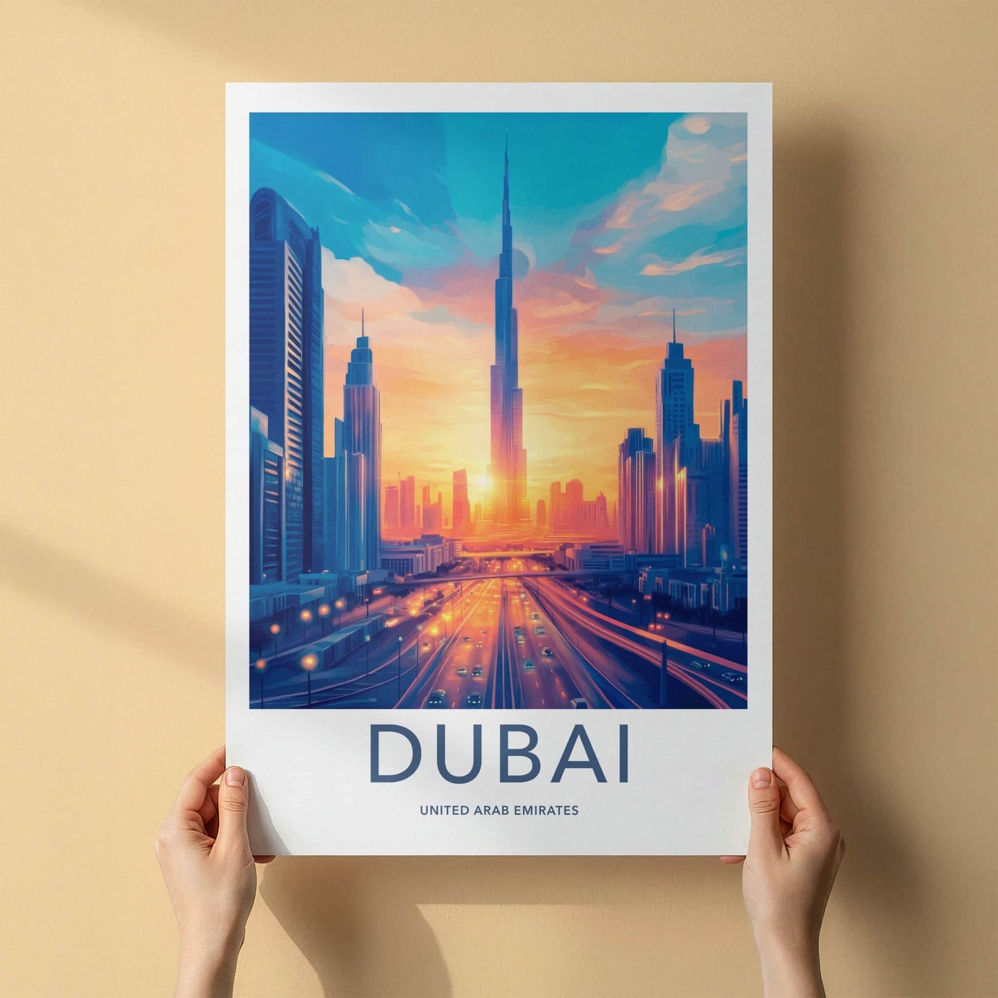 Dubai Poster - United Arab Emirates Travel Art - Cityscape Sunset Highway Home Decor