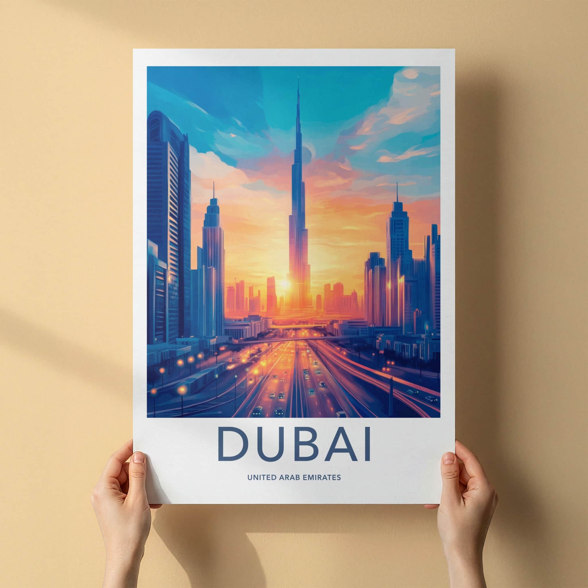 Dubai Poster - United Arab Emirates Travel Art - Cityscape Sunset Highway Home Decor