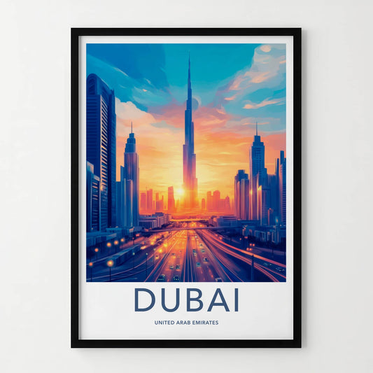 Dubai Poster - United Arab Emirates Travel Art - Cityscape Sunset Highway Home Decor